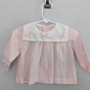 Vintage Baby Girls Embroidered Ducks Pale Pink Shirt Long Sleeve 12 Months 1950s